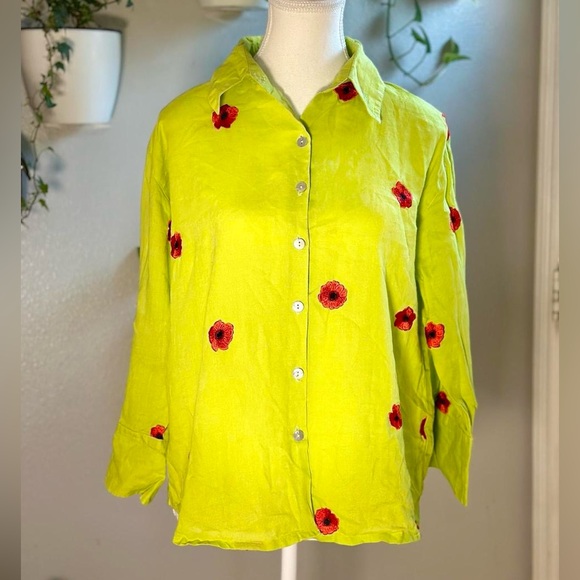 Casey Coleman 100% Linen Green Floral Embroidered Poppy Top - S - Picture 1 of 5